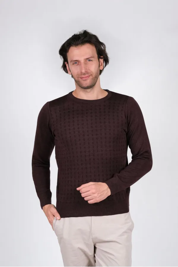 Çizgi Triko Erkek Battal Sıfır Yaka Triko Kazak Desenli Kol Ve Bel Lastikli Dokuma 3XL - 4XL - 5XL - Bordo