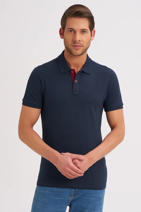 Çizgi Triko Erkek Slim Fit Polo Yaka Tişört Desenli Kolu Lastikli Kumaş %100 Pamuk - Lacivert