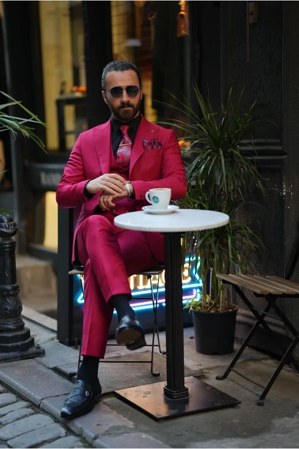 Slim Fit Takım Elbise - Kırmızı