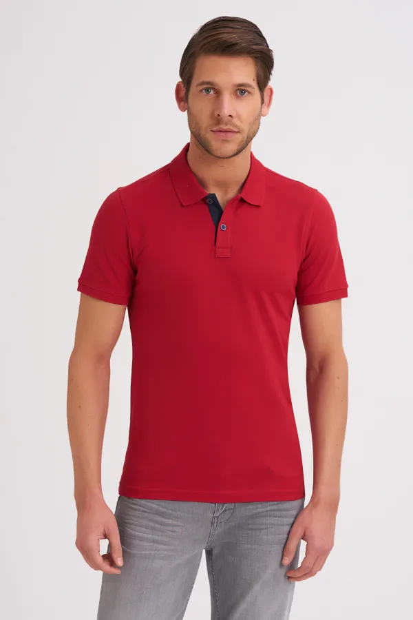 Çizgi Triko Erkek Slim Fit Polo Yaka Tişört Desenli Kolu Lastikli Kumaş %100 Pamuk - Kırmızı