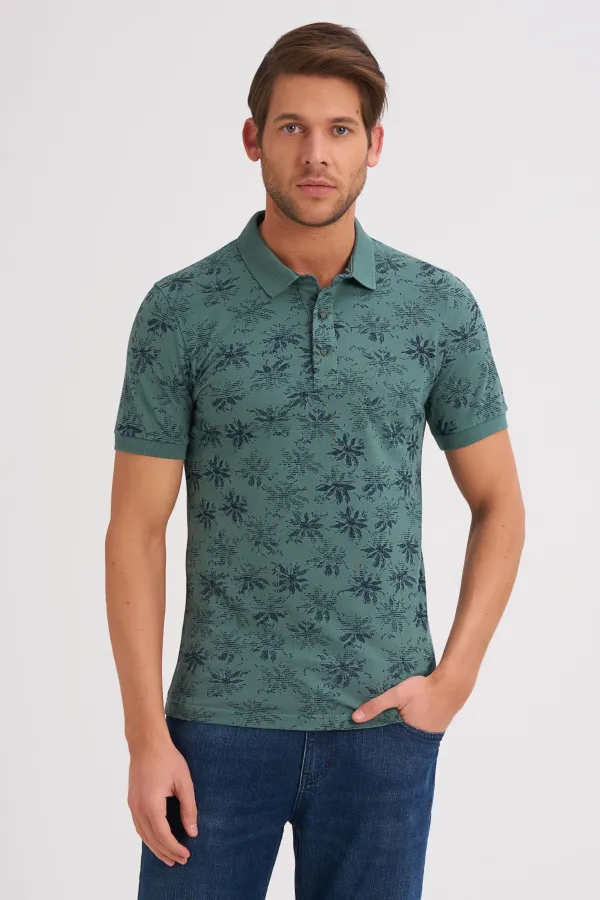 Çizgi Triko Erkek Tişört Slim Fit Polo Yaka Kolu Lastikli Desenli %100 Pamuk Kumaş - Yeşil