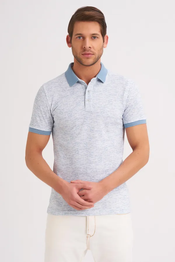 Çizgi Triko Erkek Tişört Slim Fit Polo Yaka Desenli Kolu Lastikli %100 Pamuk Kumaş - Beyaz