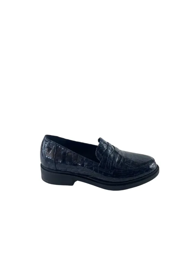 0021 Lacivert Kroko Kadın Loafer Ayakkabı