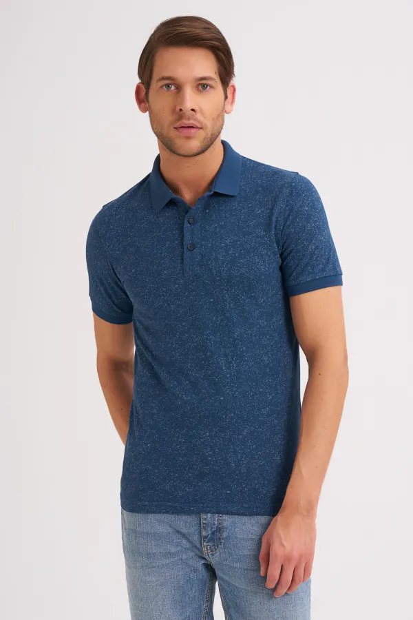 Çizgi Triko Erkek Slim Fit Polo Yaka Tişört Kolu Lastikli Kumaş %100 Pamuk - İndigo